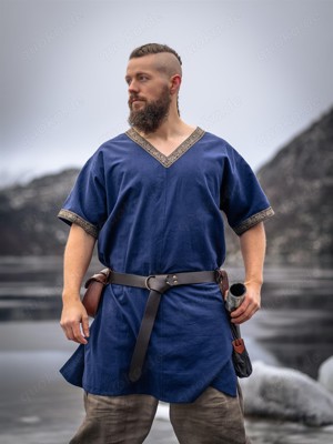 Wikinger Tunika kurzarm mit Borte Blau versch.Größen