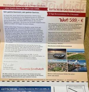 Reisegutschein  gültig für 2 Personen Ostsee mit 3 Übernachtungen Preis gegen Gebot