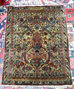 Antiker Seidenteppich Saruk Sarugh um 1850 Orientteppich Seide signiert 100 x 80