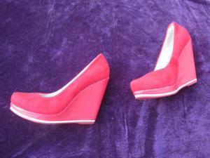 Leder Imitat Keil Absatz Wedges Plateau High Heels Pumps farasion rot