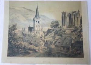 D Farblithographie v. J.Buhl 1855 Bacharach mit Wernerkapelle gez von P.Becker Ged. bei E.G. Mary &