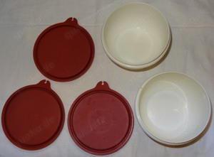 X Tupperware 2x Pengschüssel 1403-10 weiß ca.0,25l +3x Deckel 733-23 Brombeere Behälter wenig benutz - image 3