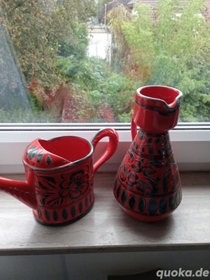 Keramik Gießkanne und Blumen Vase 