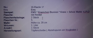 Alte Tonflasche (17) EMS Kraenchen Brunnen, mit Henkel, Krone + Schutz Marke  K.Pr.D Bild 6