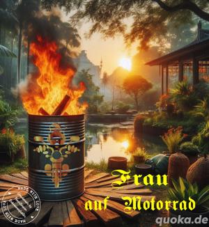 Feuertonne 200 Liter Handmade Unikat Fass Frau auf einem Motorrad 