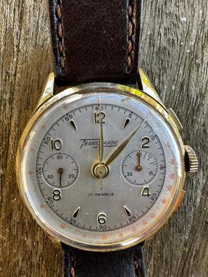 Trans Marine Landeron 51 Chronograph Handaufzug 585er Gold Stopp-Funktion 36mm
