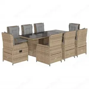 7 9-tlg. Garten-Essgruppe aus Poly Rattan & massiven Akazienholz Hartglas mit Kissen (6Farben) Bild 2