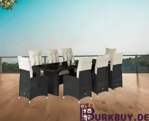 9 11-tlg. Garten-Essgruppe aus Poly Rattan & Hartglas mit Kissen (4Farben)