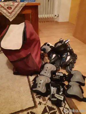 Inliner, Inline Skater mit Schutzausrüstung und Tasche, blau weiß, Größe 32-35
