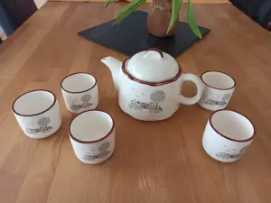 Teeservice mit Teekanne + Tassen weiß braun mit Landschaft schön vollständig intakt