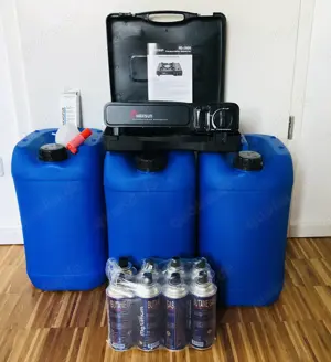 Campingset 3x 25 Ltr. Kanister  + 10 Katadyn Trinkwasserkonservierer& Gaskocher Neu mit 8 Kartuschen