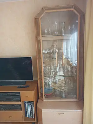 Holz Vitrine mit Schublade Schrank 180x90x45cm Glas Eiche Licht Beleuchtung komplett Bild 2