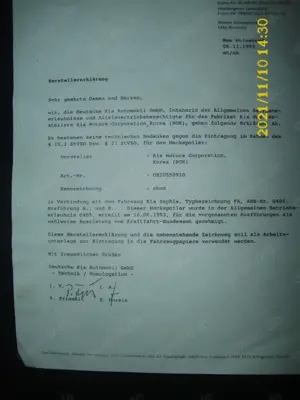 Youngtimer seltene Originale Kia Motors Herstellererklärung für Hecksploiler und Bedienungsanleitung