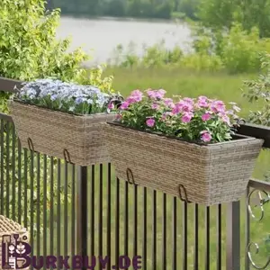 2Stk. Balkon Pflanzentopf aus Poly Rattan mit Haken & herausnehmbaren Töpfen (3Farben&Größen)