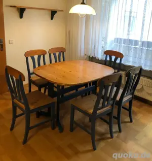 Esstischgarnitur  Esstisch 6x Stühle  Hocker  blaue Akzente 