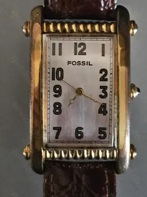 Schöne, goldene FOSSIL Armbanduhr Leder Art Deco Tankstil Lederarmband TOP!