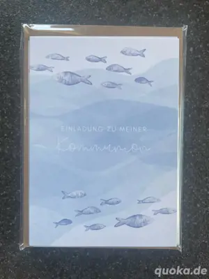 Einladungskarten zur Kommunion, blau, 9 Stück, Fische, mit Briefumschläge
