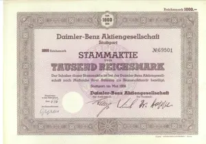 Original-Stammaktie der Daimler-Benz AG aus dem Jahre 1939