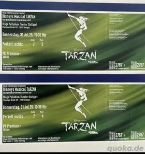 2 Tickets für Musical Tarzan in Stuttgart 31.7.25 Reihe 7 Platz 4+5 