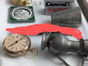 Konvolut hochwertiger Trödel Zinn Wecker Holzkästchen Modellauto Bild 5