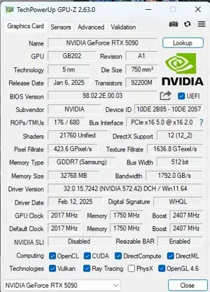 NVIDIA GeForce RTX 5090 FE (Founders Edition) GDDR7-Grafikkarte, 32 GB, vollständiges ROPS Bild 5