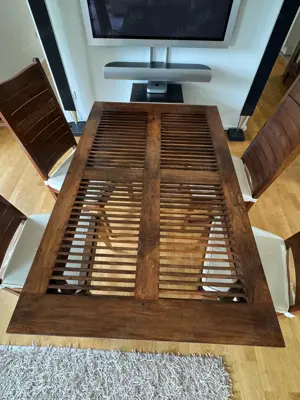Sehr schöner Ess- oder Schreibtisch aus antikem Teakholz im Kolonialstil mit Glasplatte Bild 4