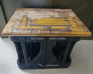 3 Paulaner Münchner Hell Bierkistensitz Holz Bier Kisten Hocker Tisch Beistelltisch Bild 5