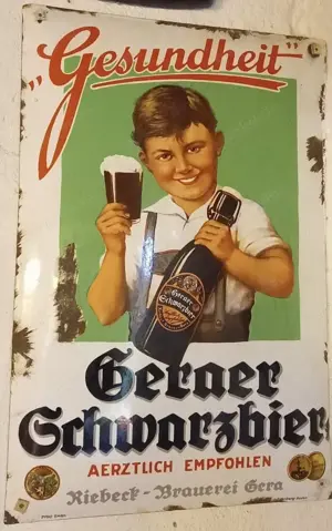 Altes Original Emailschild, Selten 20er 30er Jahre Geraer Schwarzbier