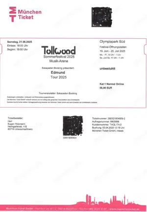 2 Eintrittskarten Tickets für Edmund Tollwood-Konzert am 21.06.2025