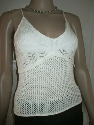  NEU DESIGNER Off Shoulder Bodycon Strech Häckel Grobstrick Spaghetti- Träger Corp Top Pullover XS-S