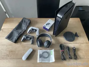 PS5 schwarz spielkonsole mit kopförer und 2 kontrollern + Zubehör , OVP , rechung 