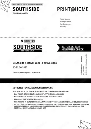 2 Southside Tickets 2025 Full Weekend - reguläres Camping - Print@Home