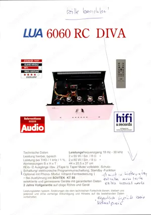Verschenke Röhrenverstärker Lua 6060RC Diva u. Röhren CD-Player Lua Cantilena SE