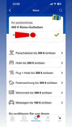 Verkaufe 400  Reiseguthaben für 200 