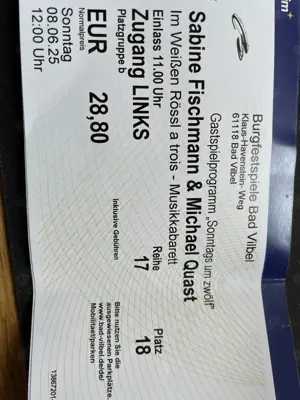 2 Tickets Sabine Fischmann & Michael Quast; Burgfestspiele Bad Vilbel am 08.06.2025