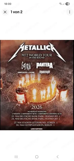 Metallica VIP Busines Tickets BUSINESS VIP 2X Tickets METALLICA M72 World TOUR 30.05.26 Berlin 