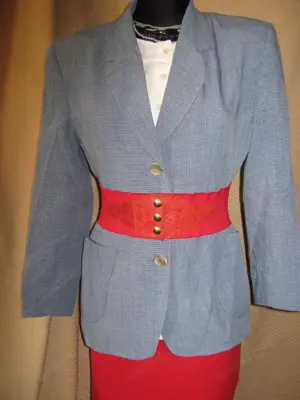 Original 1980er VINTAGE Waffelpikee Karo Kostüm Anzug Boyfriend Blazer MaXiMe 38-40  S-M jeans- blau