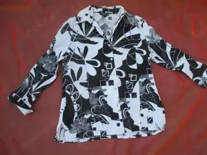 NEU Blumen Blüten Flower- Power 100% Leinen Langarm Hemd- Bluse SIXTHSENSE Gr. 42  M schwarz * weiß