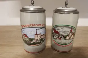 Steinkrüge, Bierkrug mit Zinndeckel 2 Stück Halbekrug