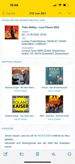 2 Konzertkarten Peter Maffay Sa. 21.06.25 Lorelay