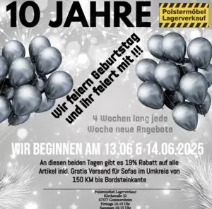 Wir feiern Geburtstag 19% Rabatt auf alles inkl. gratis Versand für Sofas