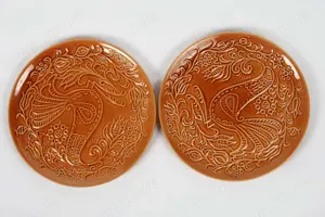 2 Deko-Teller Plätzchen-Frühstücks Motivteller Vogel ockergelb   21 60er Jahre vintage              