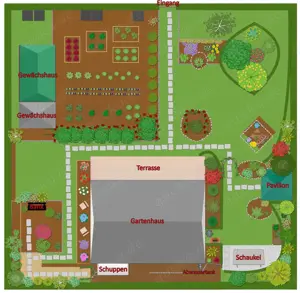 Pachtgarten - Gartenhaus, Küche, WC, überdachter Terrasse, Pavillon, Gewächshäuser