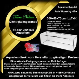 Großraumaquarium XXL Aquarium 300x60x70cm (LxBxH) 1260 Liter 