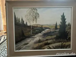 handgemaltes Ölgemälde mit ländlicher Hügellandschaft, Schäfer und Schafherde aus den 60 70er