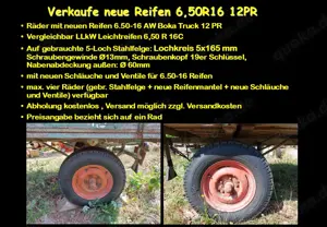 Verkaufe neue Reifen 6,50R16 12PR für landwirtschaften Anhänger