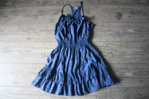 Juicy Couture Seidenkleid reine Seide blaues Trägerkleid tailliert gesmokt Rüschen XS 34