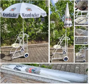 Bier   Wein   Servierwagen + Schirm für: 1 Bierfaß + Tropf + Gläser - Ablage + Zubehör + Bierklinge 