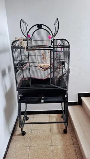 Vogelkäfig groß mit Unterbau auf Rollen.