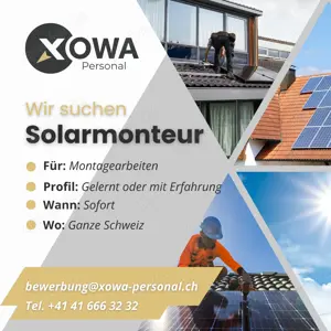 Solarmonteur für die Schweiz gesucht (Unterkunft organisiert) EUR 4'500 bis 5'600